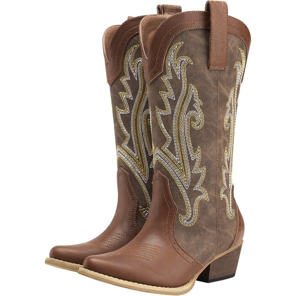 Ⓜ️Women's Mosaic Brown Pointed Toe Stitched Embroidery Mid Heel Cowgirl Boots